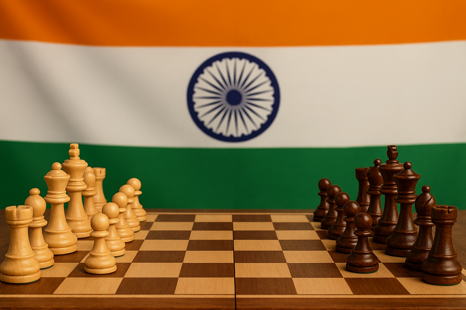 image of chess board in front of Indian flag